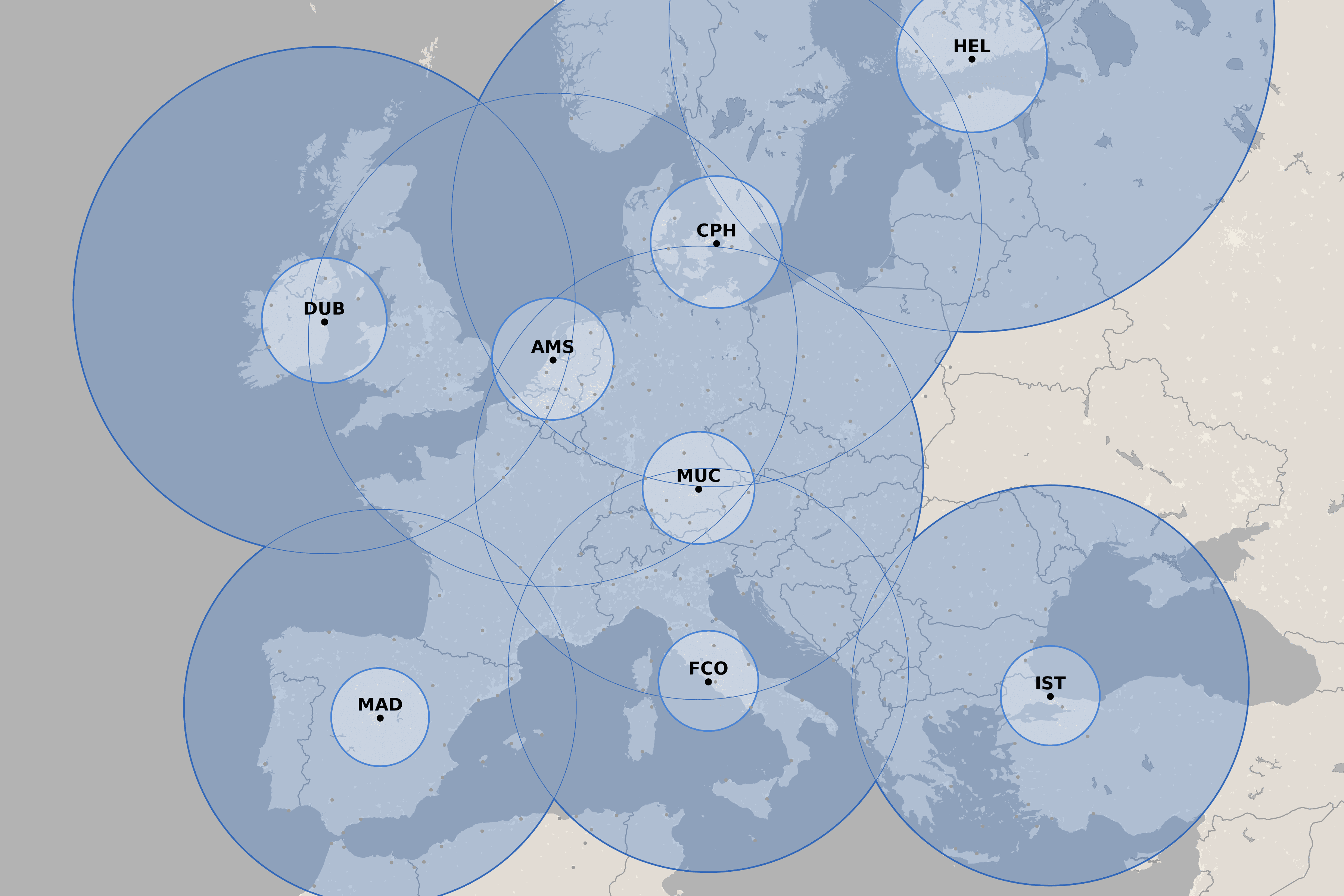 Map of Europe showing overage circles around major